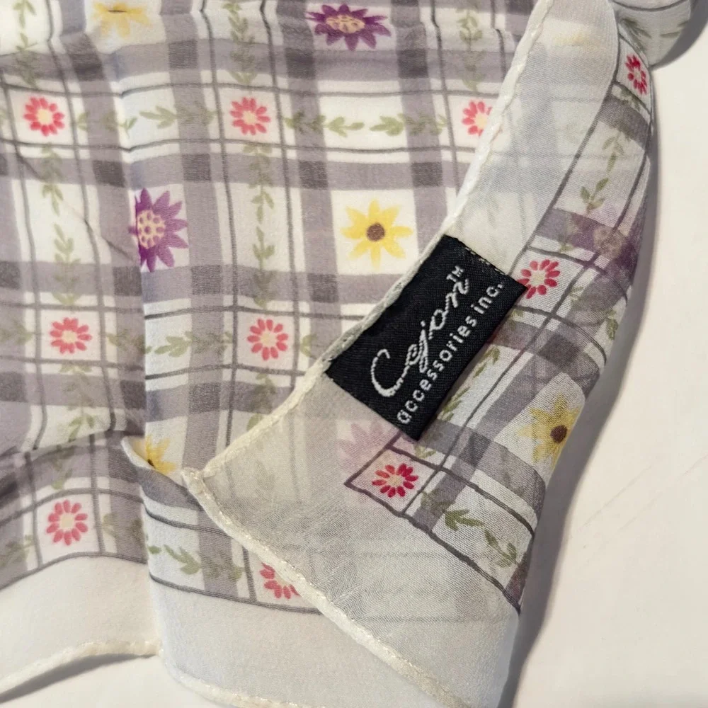 Cejon Silk Scarf Square Plaid Floral Purple Yellow Vtg Y2K 90s Printed‎ in Korea